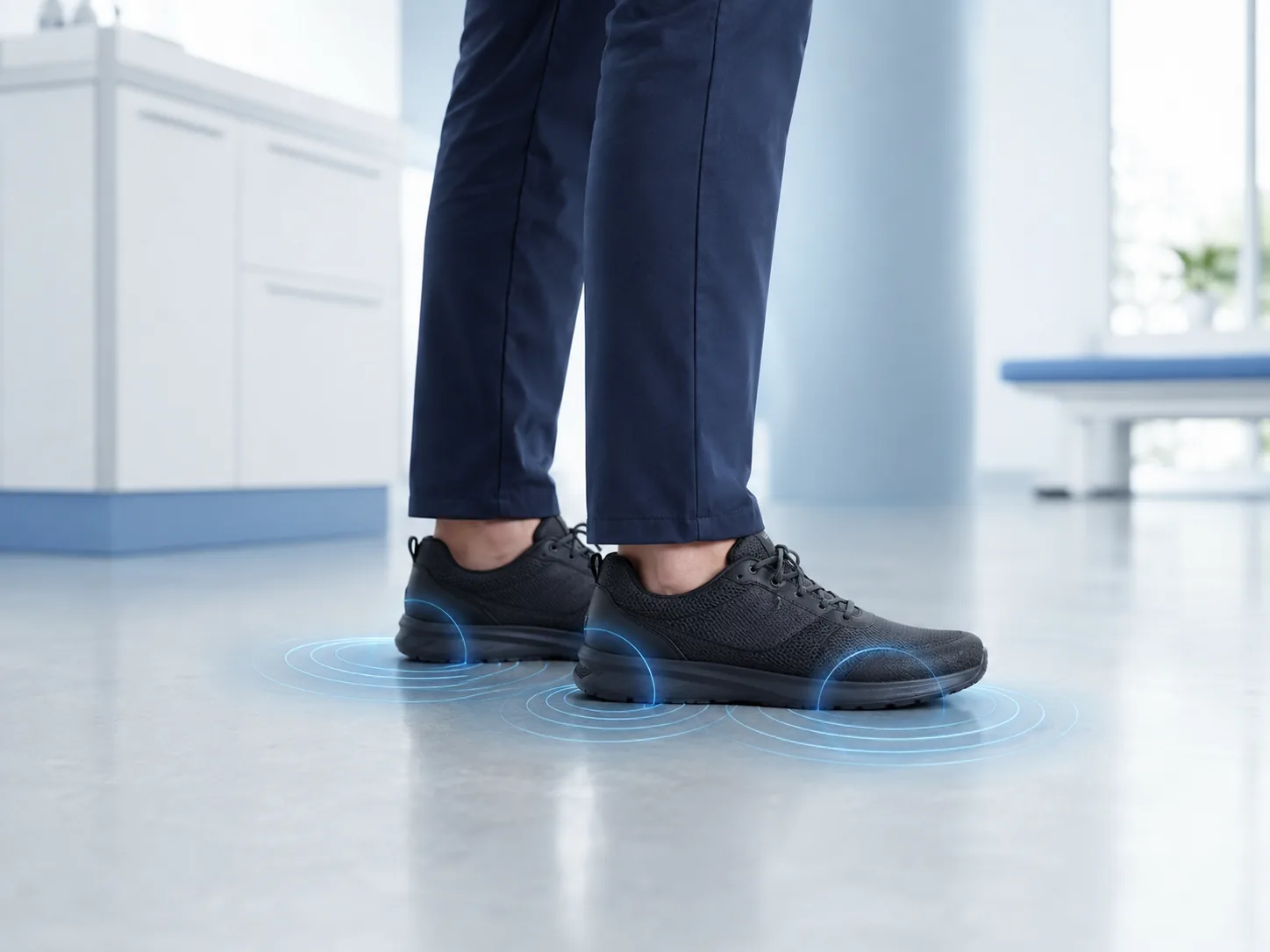 Person standing in dark work shoes on a hard floor